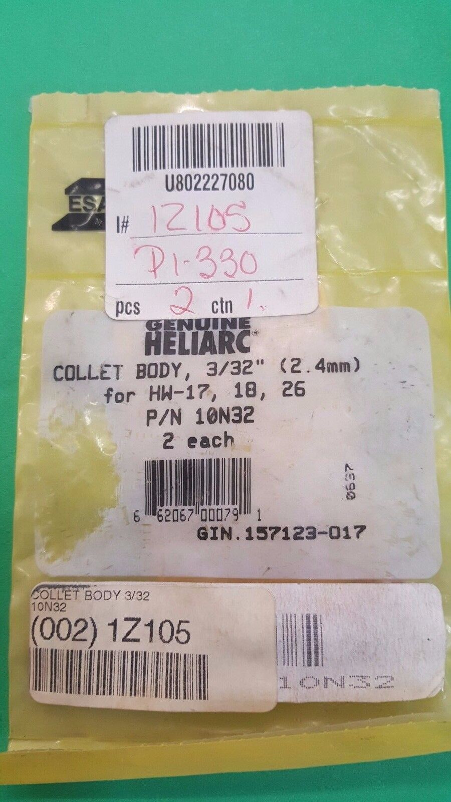 GENUINE ESAB HELIARC 3/32" COLLET BODIES for HW-17, 18 and 26, 4 pcs, NEW, USA