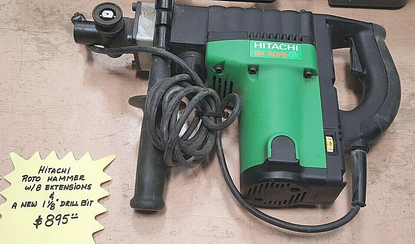 Hitachi Rotary Hammer DH40FB w/New 1-1/8" x 16" Bit and 8 LHS 11" Extensions