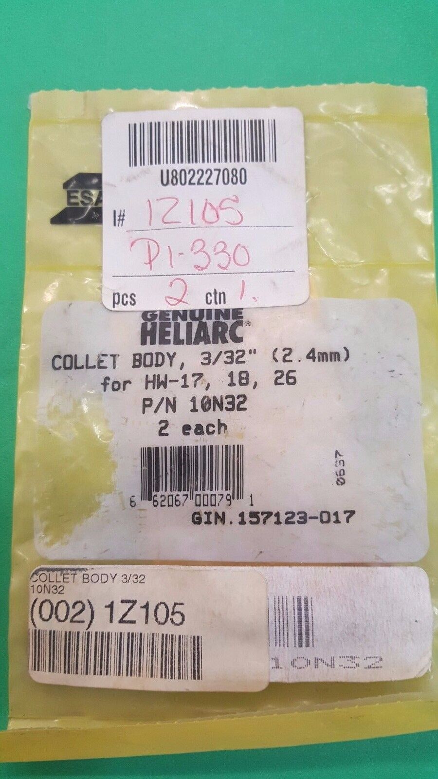 GENUINE ESAB HELIARC 3/32" COLLET BODIES for HW-17, 18 and 26, 4 pcs, NEW, USA