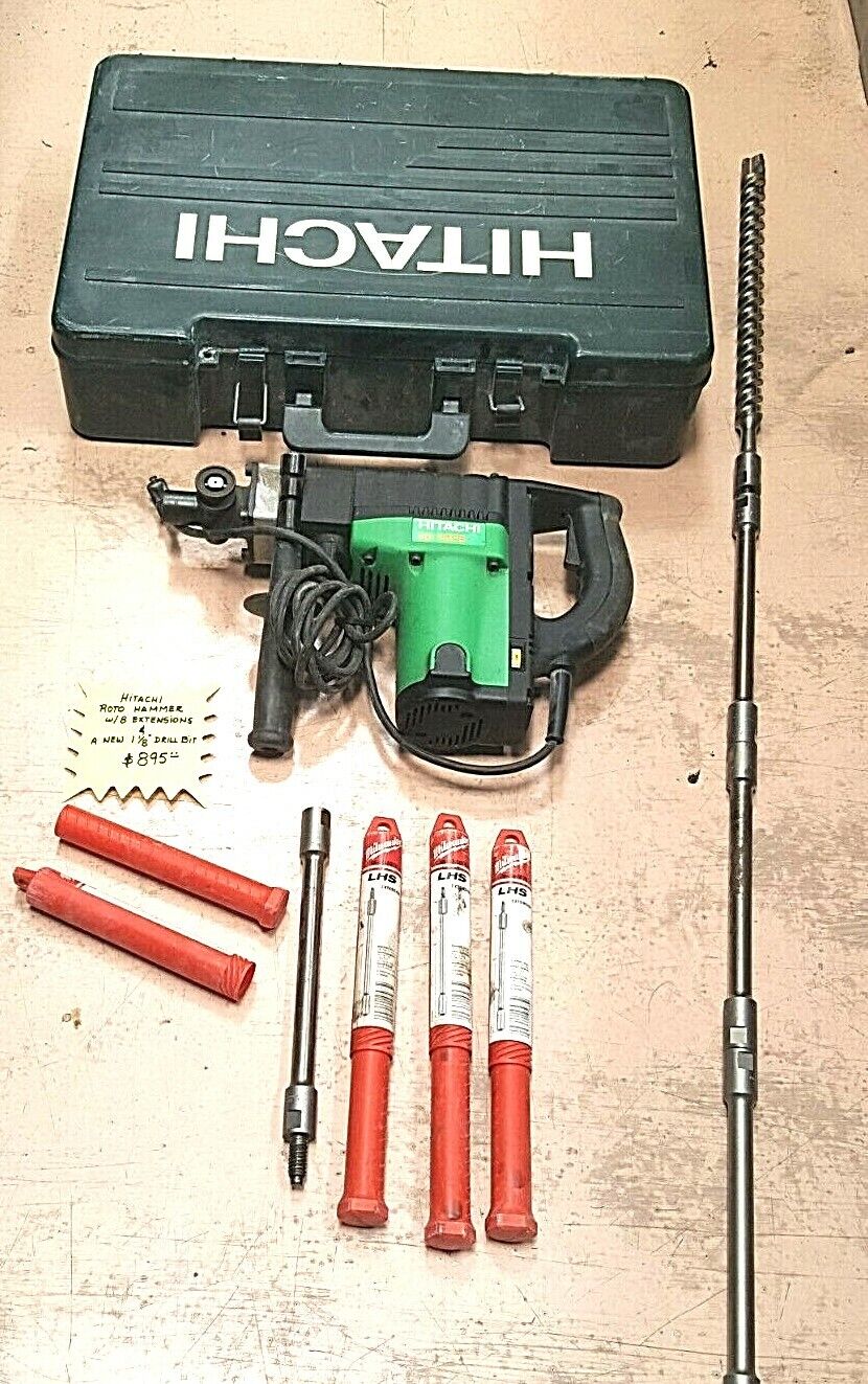 Hitachi Rotary Hammer DH40FB w/New 1-1/8" x 16" Bit and 8 LHS 11" Extensions