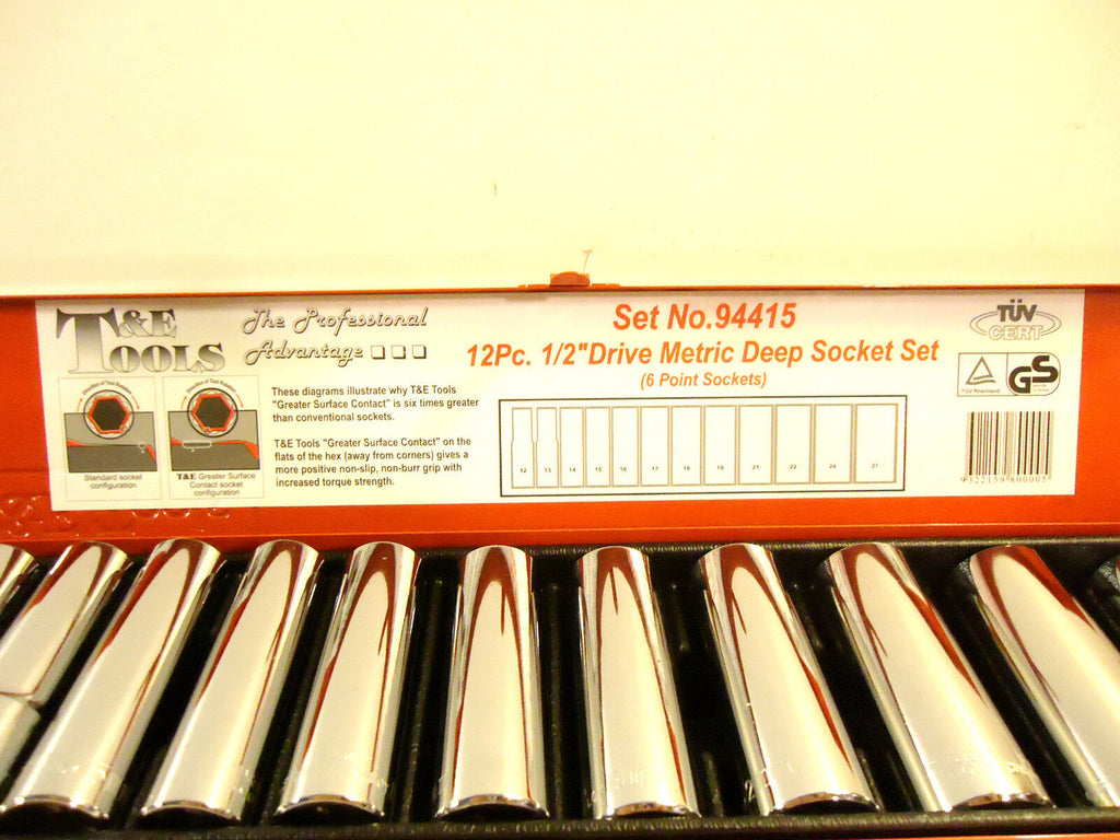 T & E Tools 12 Pc Metric Deep Socket Set, 1/2" Drive, 6 Point, Steel Box, New.