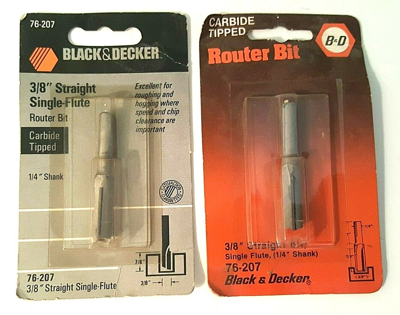 2pcs. Black & Decker 76-207 Straight Single Flute 3/8" Carbide Router Bits, NEW