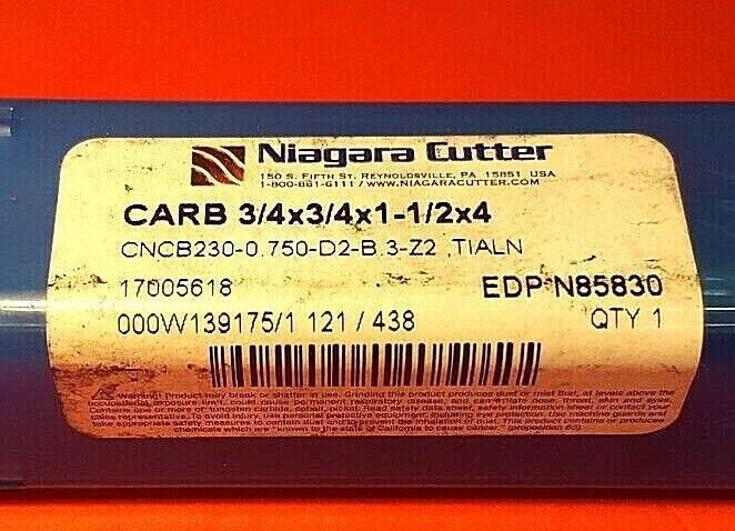 Niagara Cutter Carbide Ball End Mill 3/4"x3/4"x1-1/2" x4", 2 Flute, TIALN, NEW