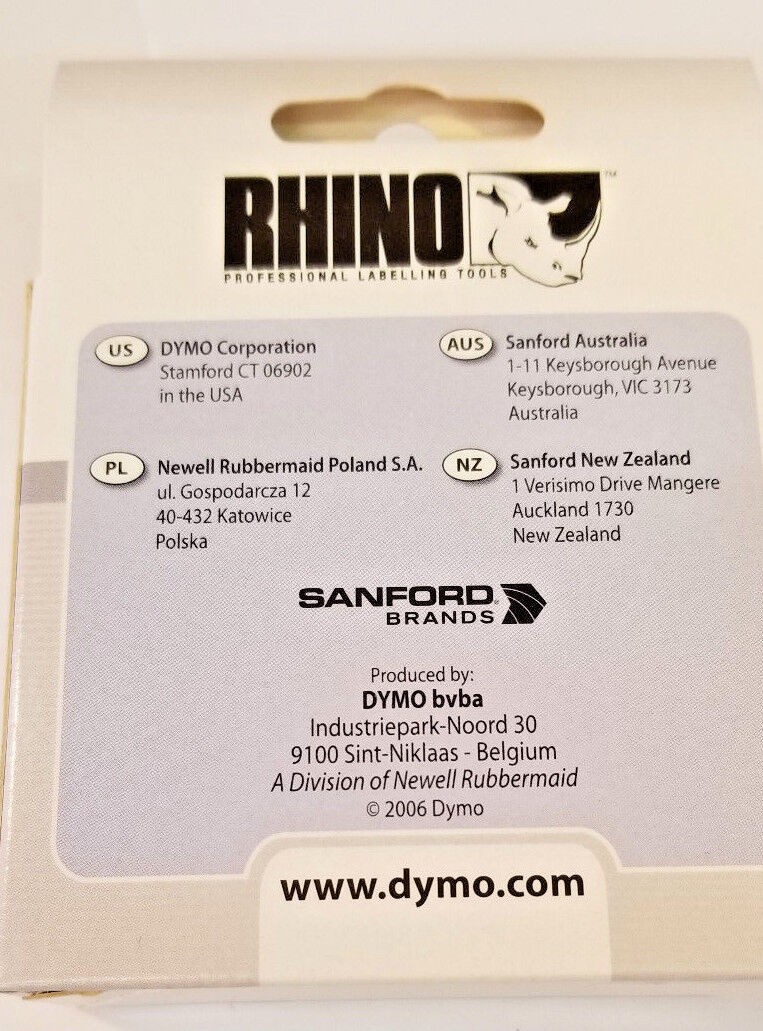 Dymo Permanent Polyester Tape P/N 18483, 1/2" x 18',Black on White,Rhino Pro,OEM