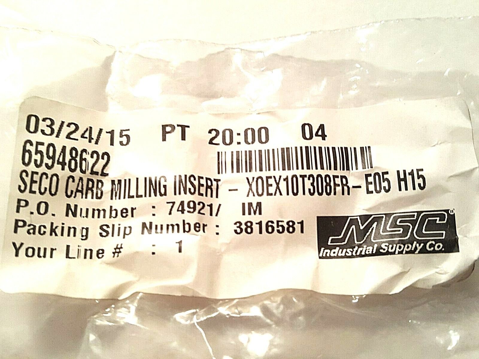 SECO  Carbide Milling Inserts 4pcs. XOEX10T308 E05 Grade H15 , MSC #65948622