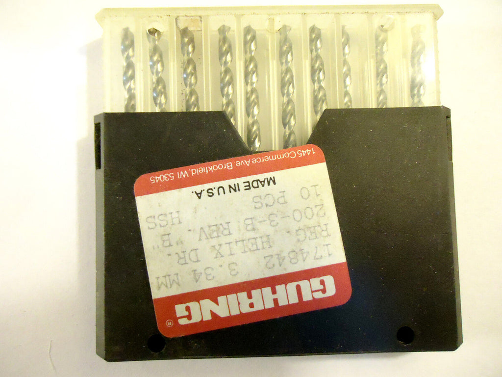 GUHRING USA Drill Bits 10 pcs, 3.34mm, Right Hand, HSS, Jobber, New