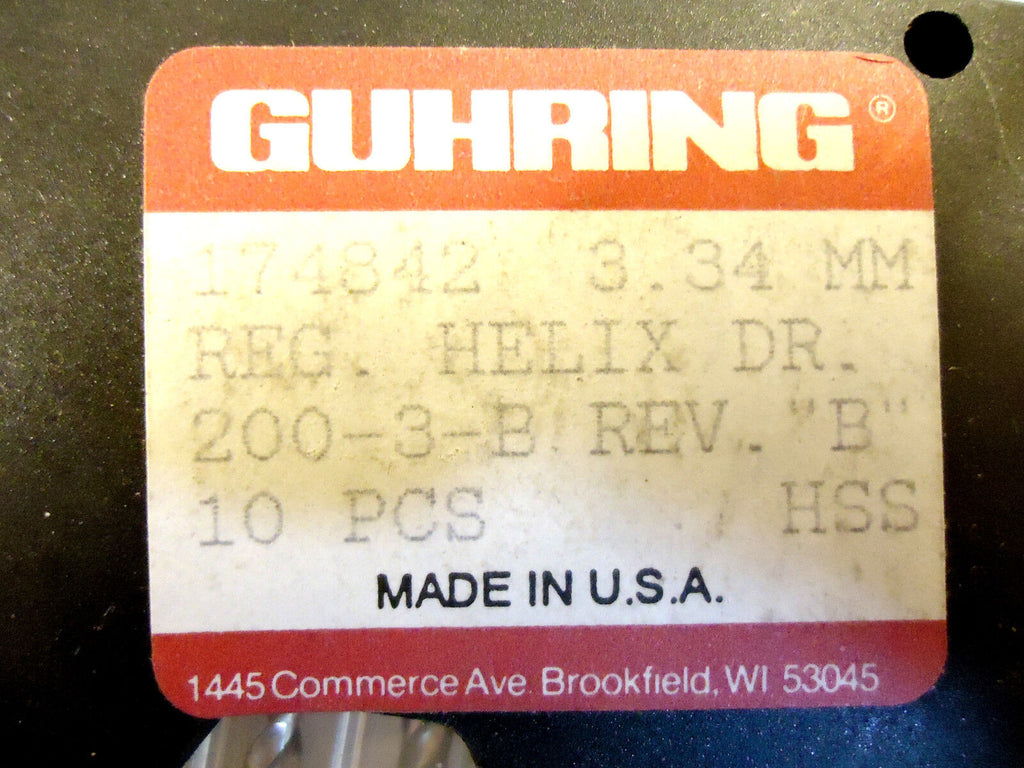 GUHRING USA Drill Bits 10 pcs, 3.34mm, Right Hand, HSS, Jobber, New