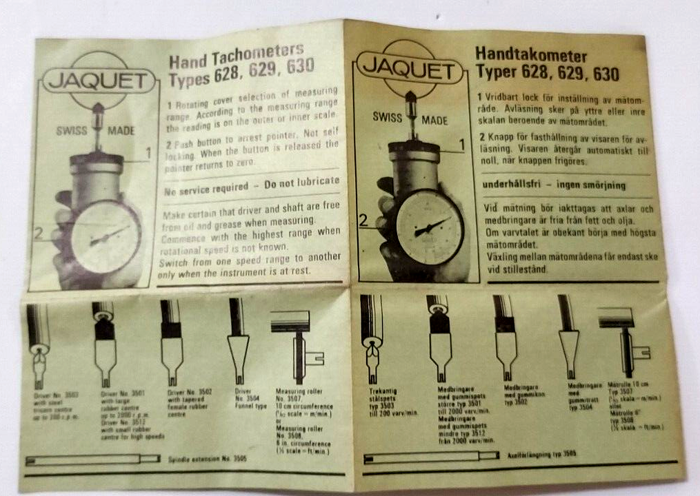 VTG JAQUET Mechanical Hand Tachometer Set, Model 630 Handles 30-50000 RPM, Swiss
