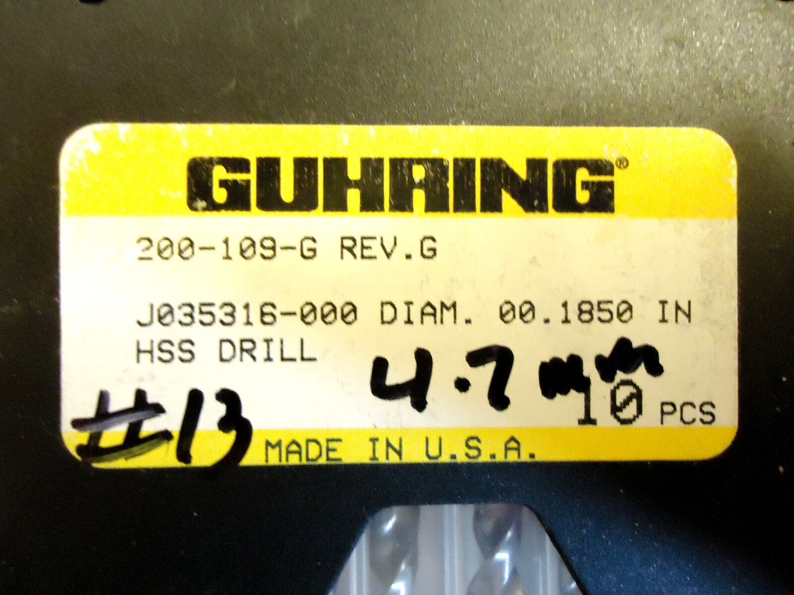 GUHRING Drill Bits 10 pcs, .1850”, #13, 4.7mm, Right Hand, New/Other.
