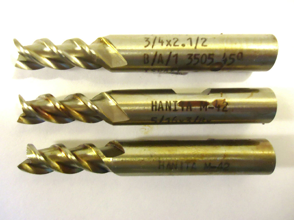 End Mills, 3 Pieces, 1 Lot, Hanita, Israel, 3 Flute, 5/16”x3/4” LOC, 3/8” Shank.
