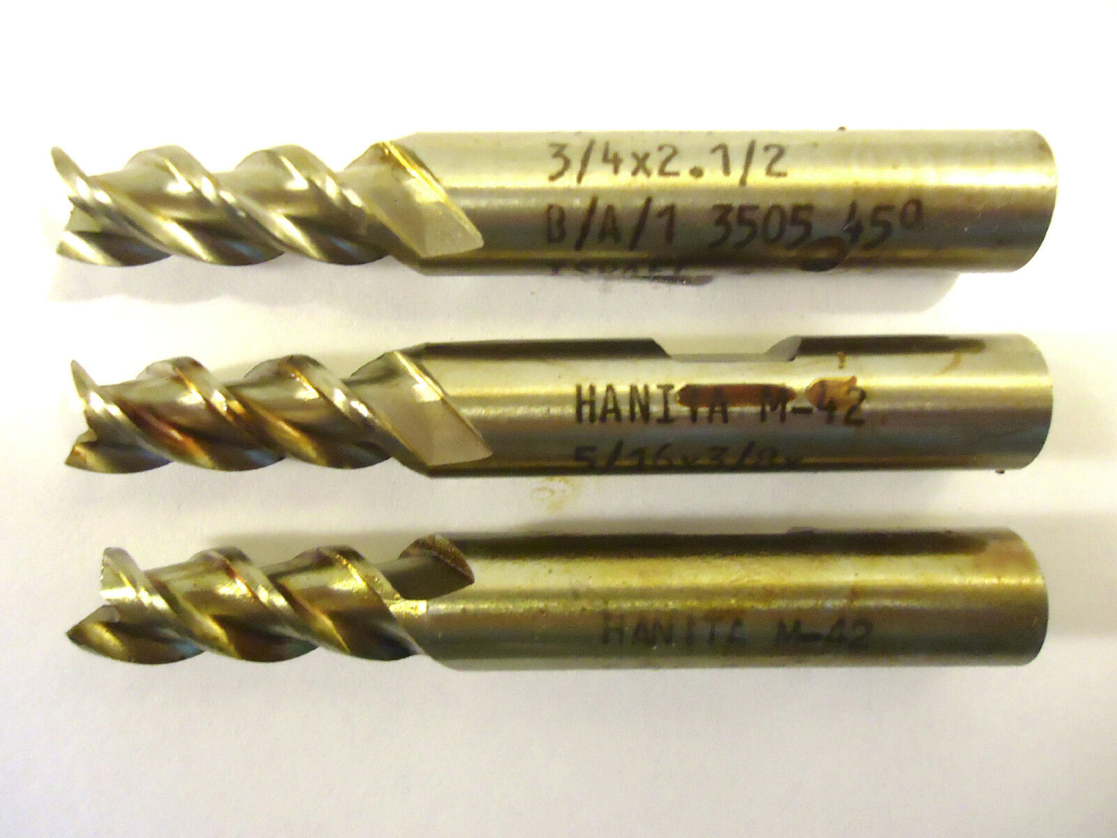 End Mills, 3 Pieces, 1 Lot, Hanita, Israel, 3 Flute, 5/16”x3/4” LOC, 3/8” Shank.