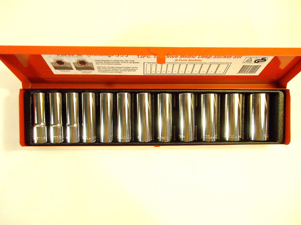 T & E Tools 12 Pc Metric Deep Socket Set, 1/2" Drive, 6 Point, Steel Box, New.