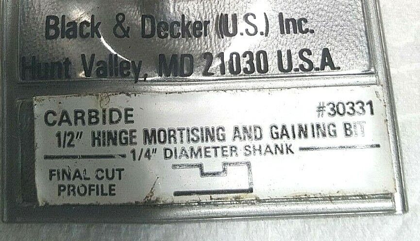 B&D 1/2" Hinge Mortising & Gaining Carbide Router Bit, 2 Flute, #30331, NEW