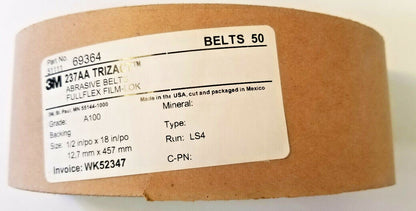 3M Trizact Sanding Belt, 50 Belts, 1/2" x 18", Super Closeout, # 100 Grit, NEW