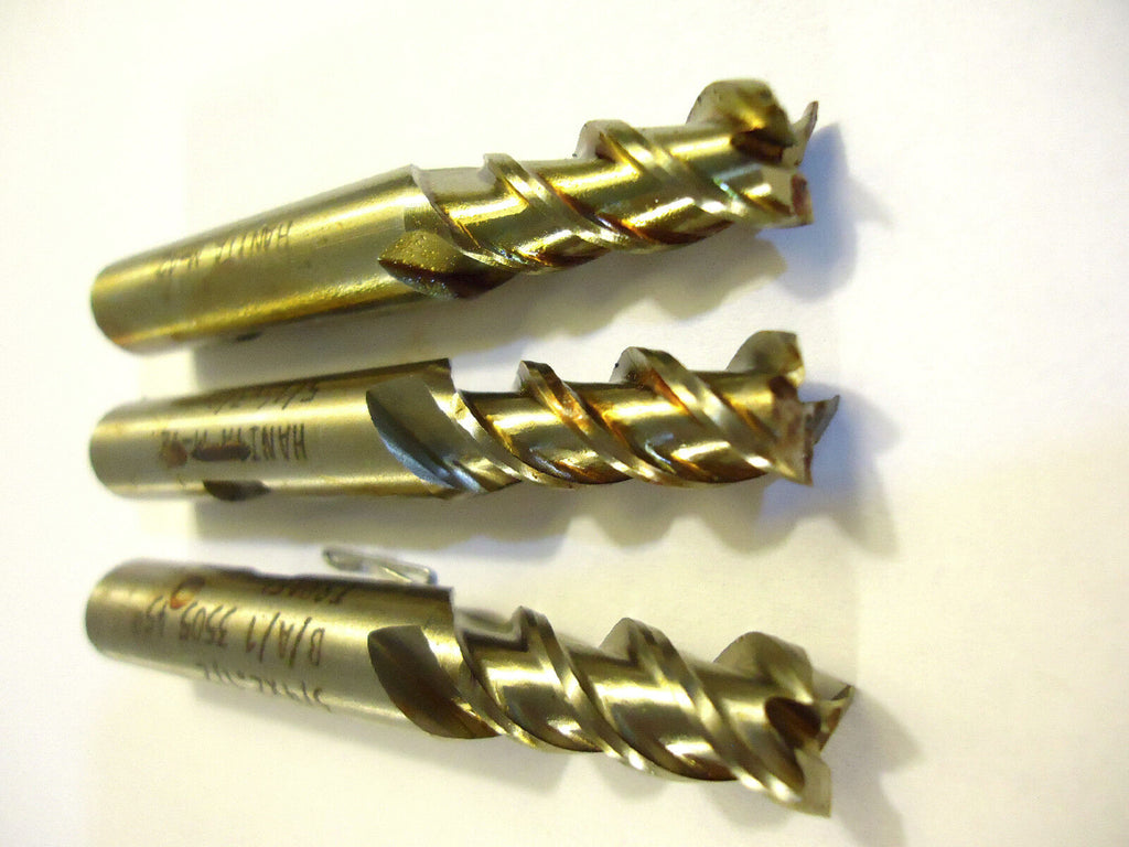 End Mills, 3 Pieces, 1 Lot, Hanita, Israel, 3 Flute, 5/16”x3/4” LOC, 3/8” Shank.