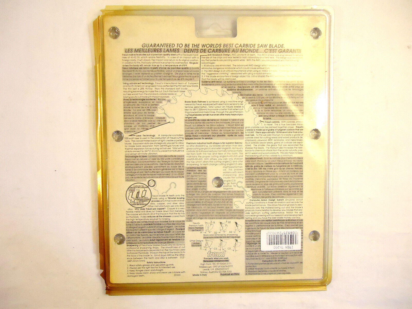 Freud Framing Blade TK203, 7-7 ¼”, 24 Tooth, Thin Kerf, Anti-Kickback , NEW.