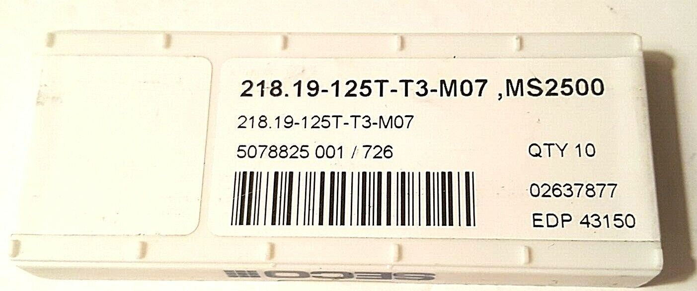 218.19-125T-T3 M07 SECO INSERTS Grade MS2050 - Carbide CVD, 6pcs, EDP 43150, NEW