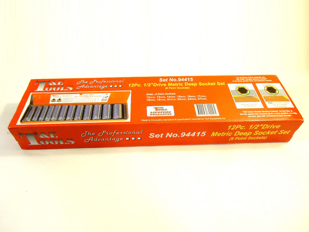 T & E Tools 12 Pc Metric Deep Socket Set, 1/2" Drive, 6 Point, Steel Box, New.