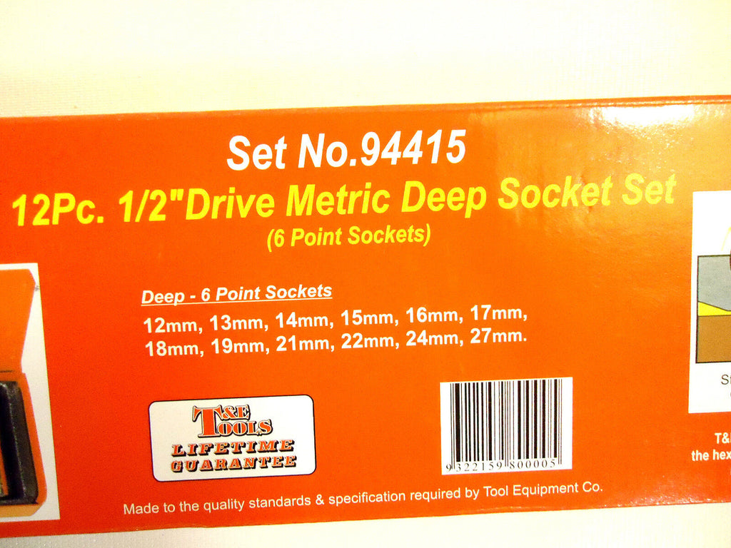 T & E Tools 12 Pc Metric Deep Socket Set, 1/2" Drive, 6 Point, Steel Box, New.