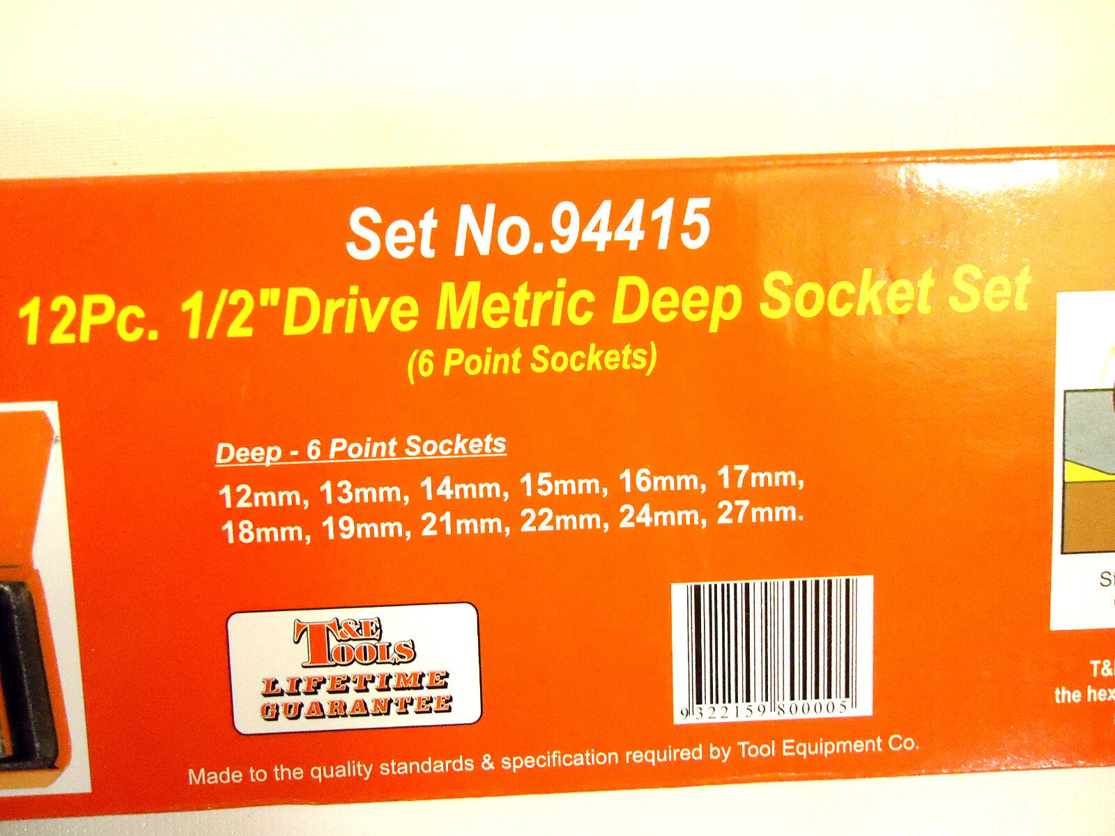 T & E Tools 12 Pc Metric Deep Socket Set, 1/2" Drive, 6 Point, Steel Box, New.