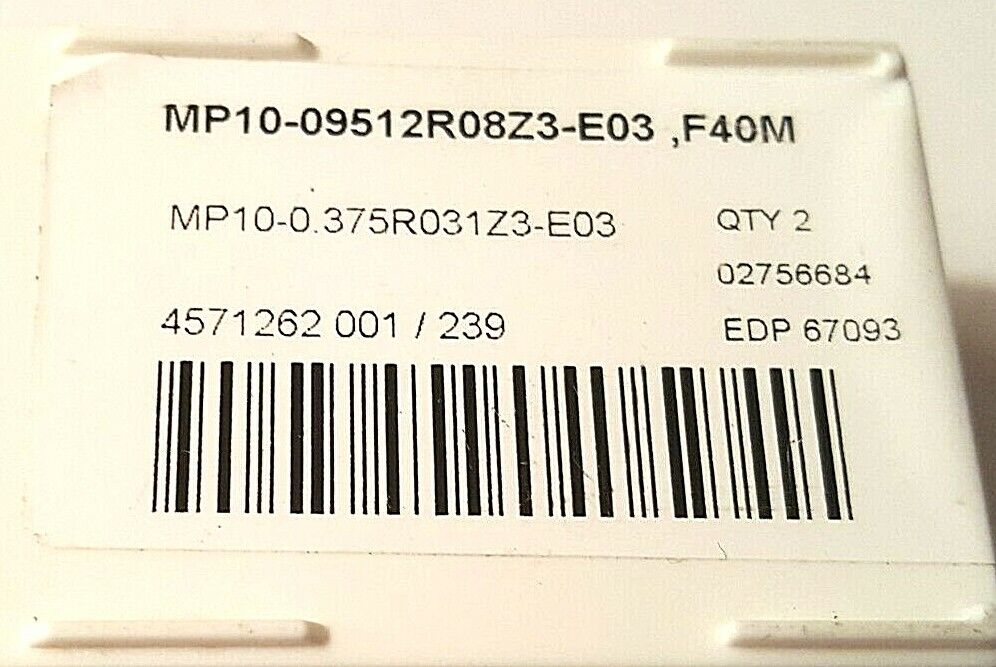 SECO Carbide MP-09512R08Z3-E03, F40M Slotting/ Milling Cutters 3/8 2pcs, Used VG