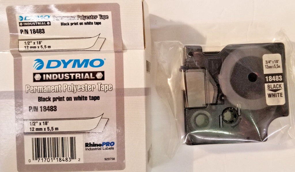 Dymo Permanent Polyester Tape P/N 18483, 1/2" x 18',Black on White,Rhino Pro,OEM