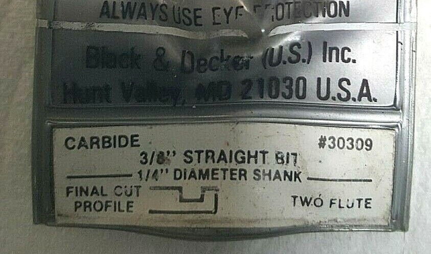 B&D 3/8" Straight Carbide Router Bit, 2 Flute, #30309, NEW, Original PKG.