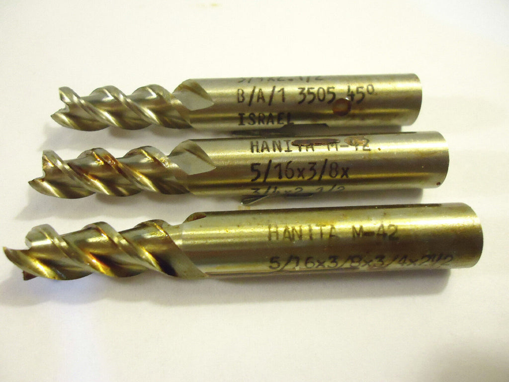 End Mills, 3 Pieces, 1 Lot, Hanita, Israel, 3 Flute, 5/16”x3/4” LOC, 3/8” Shank.