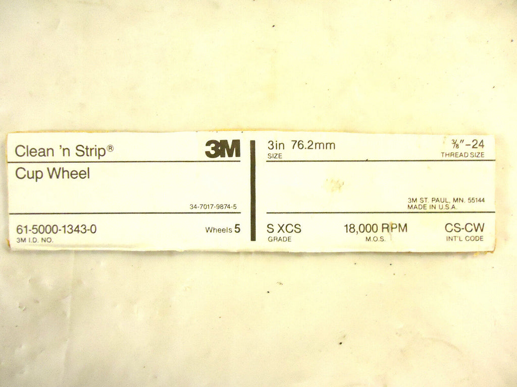 3M Clean 'n Strip Cup Wheel, 5 Pcs., Extra Coarse, 3/8"-24 Thread, New, USA.