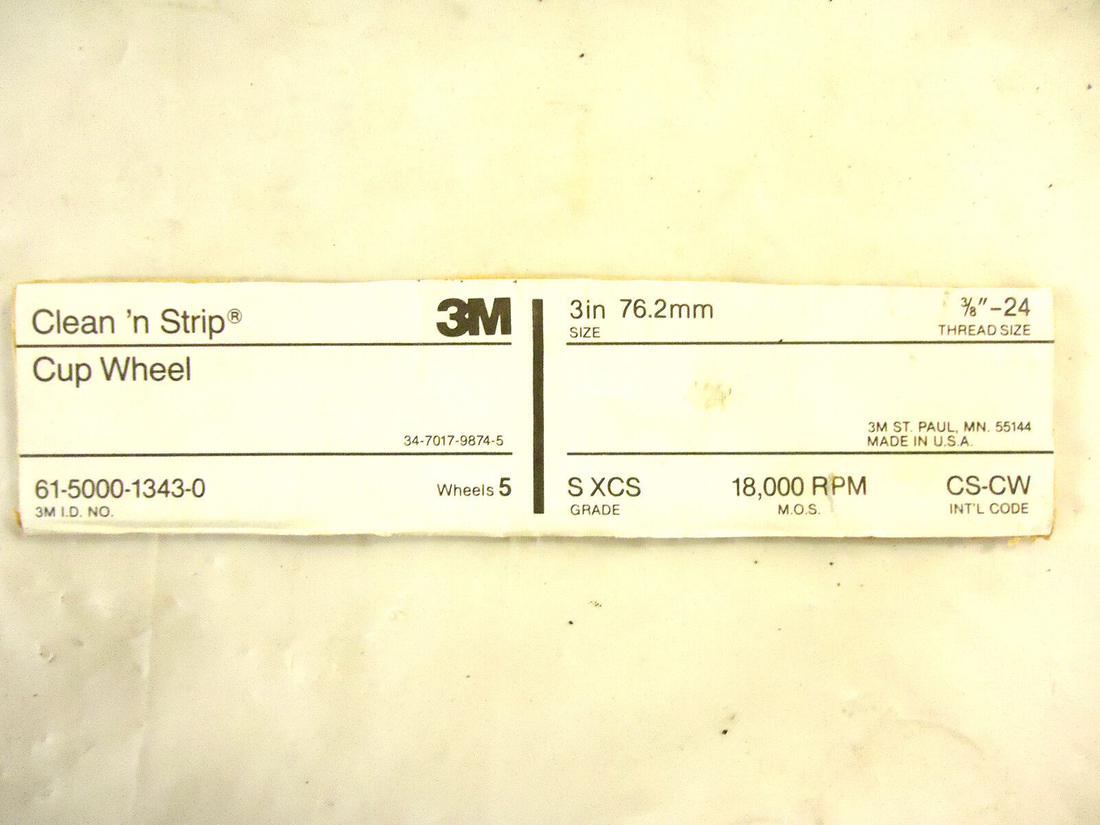 3M Clean 'n Strip Cup Wheel, 5 Pcs., Extra Coarse, 3/8"-24 Thread, New, USA.