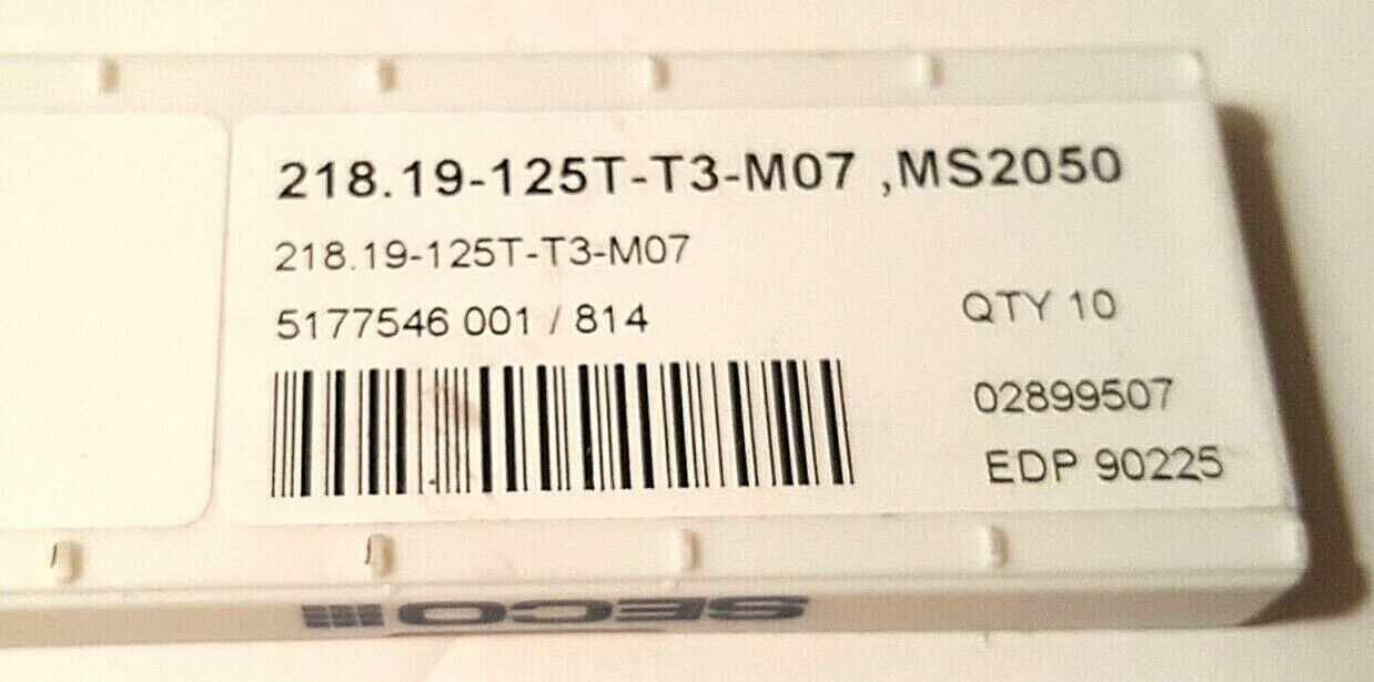 218.19-125T-T3 M07 SECO INSERTS Grade MS2050 - Carbide PVD,10PCS, EDP 90225, NEW