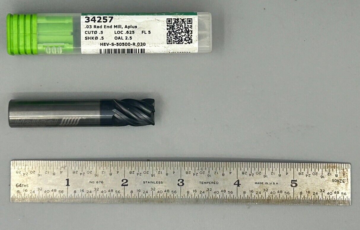 Helical 1/2”, 5 Flute, 0.03 CR, Solid Carbide Radius End Mill (34257)